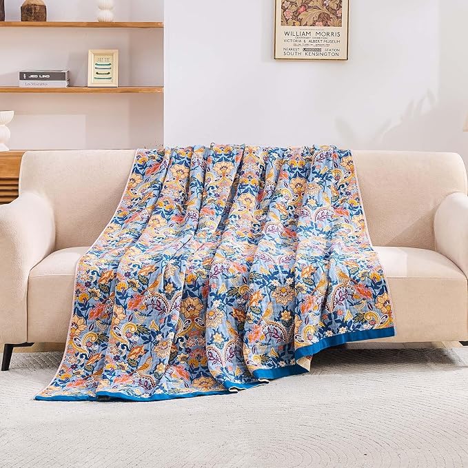 XIBLC Boho Throw Blanket for Bed, 100% Cotton Soft Rustic Quilt Fall Blanket, 50"x60" Floral Printed Farmhouse Decor Bed Blankets, All Season Rustic Reversible Bohemian Throw Quilt