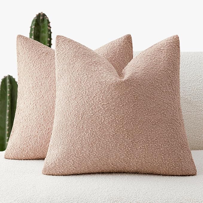 Foindtower Set of 2, Decorative Textured Boucle Throw Pillow Covers Accent Solid Pillow Cases Neutral Soft Couch Cushion Case for Chair Sofa Bedroom Living Room Home Decor 24 x 24 Inch Light Pink