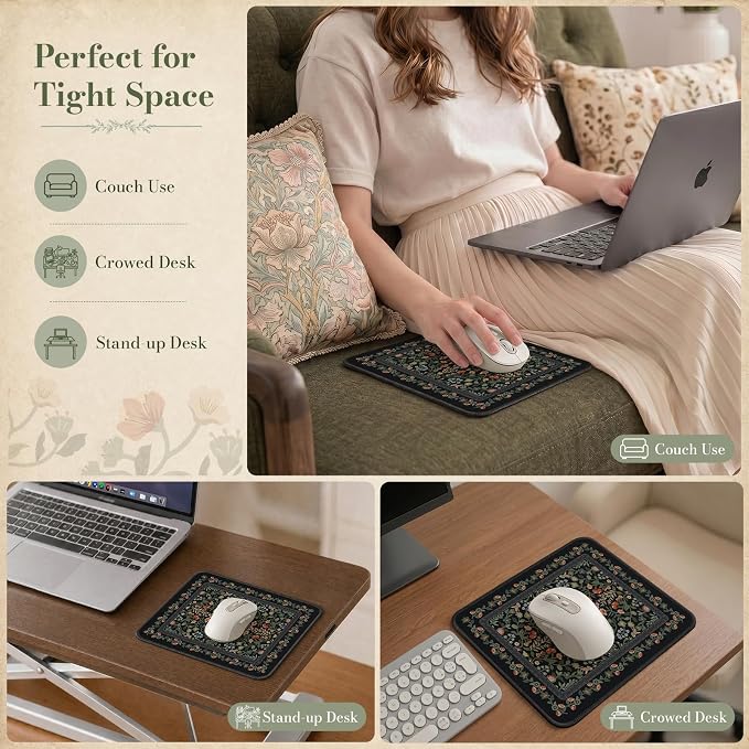iCasso Aesthetic Small Mouse Pad, 9.5x7.9in,Home Office, Black Floral | Mini Portable Travel Mousepad, Anti-Slip and Comfortable Cloth Mouse Mat with Stitched Edges for Computer, Home