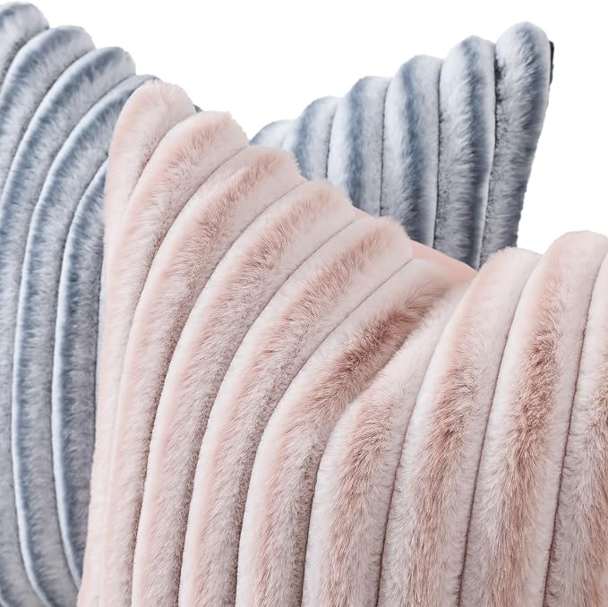 decorUhome Fall Faux Fur Throw Pillow Covers 22x22 Set of 2 Pink White | Decorative Soft Cozy Striped Plush Modern Farmhouse Boho Couch Pillow Cases Velvet Back for Sofa Bed Living Room Home Decor