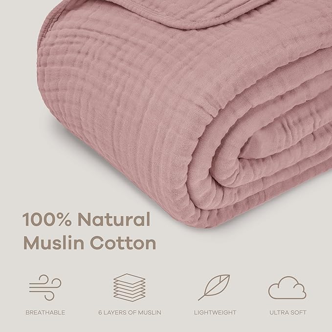 Comfy Cubs Adult Muslin Blanket 108x90” King Swaddle Blankets, Mauve | 6 Layer Soft, Breathable & Lightweight Muslin Adult Blanket - Machine Washable & Designed in the US Bedding for All Seasons