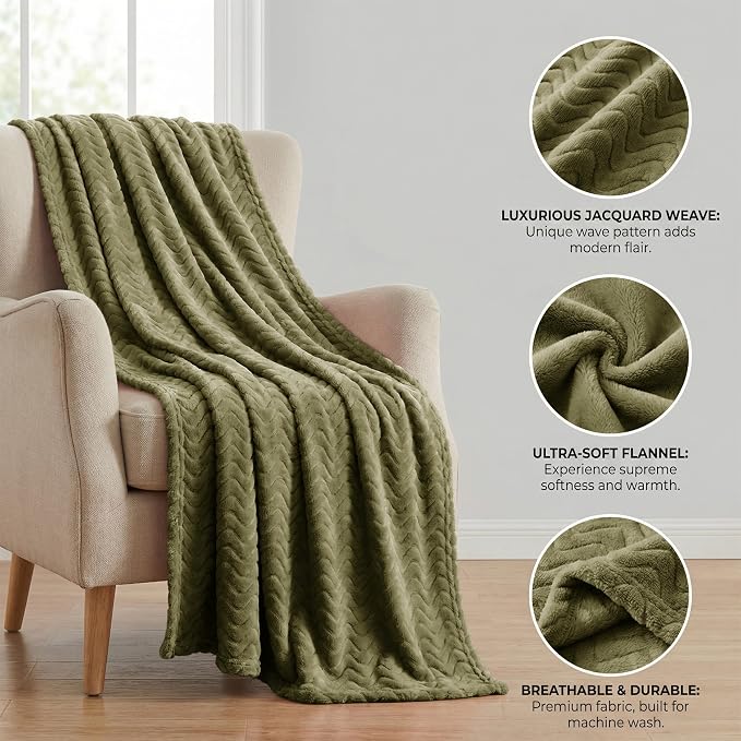 Exclusivo Mezcla Soft Fleece Blanket Twin Size for Bed, Sofa, Olive Green | 90"x66" Breathable Lightweight Flannel Blanket for Summer, Plush Cozy Jacquard Wave for Home Decor