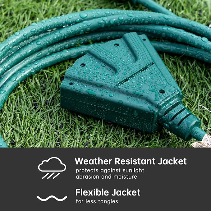 3-Outlets Indoor Outdoor Extension Cord Weatherproof, UL Certified, 16 Gauge 75FT Green 3 Prong Heavy Duty, 16/3 SJTW 10A Power Cord