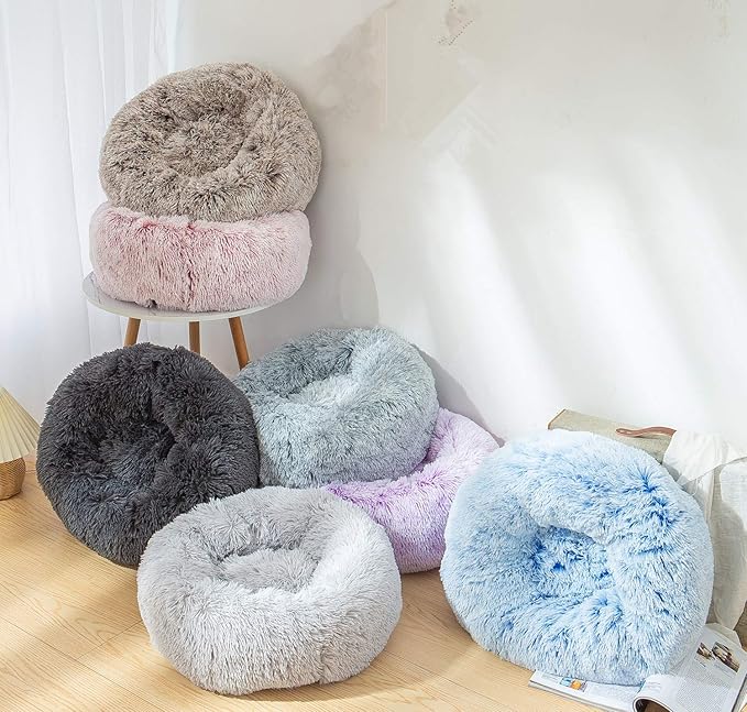 Calming Cat Bed, Soft Round Cuddler Dog Beds Fluffy Plush Faux Fur Pet Beds, Anit-Anxiety Self-Warming Comfy (20", Light Grey)