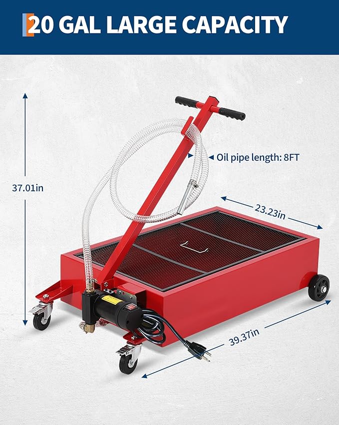GarveeTech Low Profile Oil Drain Pan 110V, 20 gal Metal Oil Change Pan Cart with 180W Electric Pump, 8 ft Hose & Folding Handle for Cars, SUVs, Trucks, Buses, RVs, Red