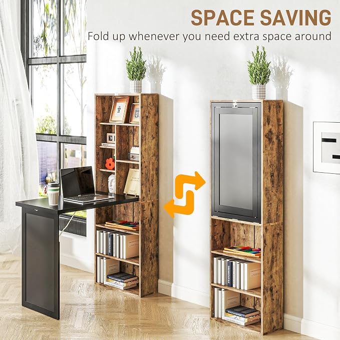 HOMCOM Foldable Desk Wall Mounted Convertible Table, Rustic Brown | Wall Mounted, Space-Saving, Chalkboard, Storage Shelves, for Small Spaces, Home Office, Bedroom, Dorm, Apartment