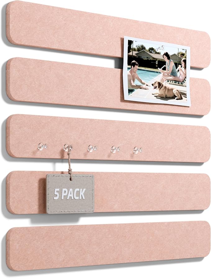 Fluxynara 13" x 2" Felt Wall Panels, Pink | 5-Pack Cork Board Alternative with 35 Push Pins, Adhesive Mounting for Bedroom Door or Home Office