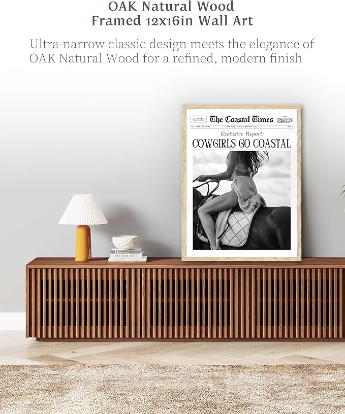 iHery 12x16in Cowgirls Go Coastal Framed Newspaper Wall Art | Natural OAK Wood Frame with Canvas Print, Western Horseback Decor for Bedroom, Dorm, Living Room and Gallery Wall, 1Pack