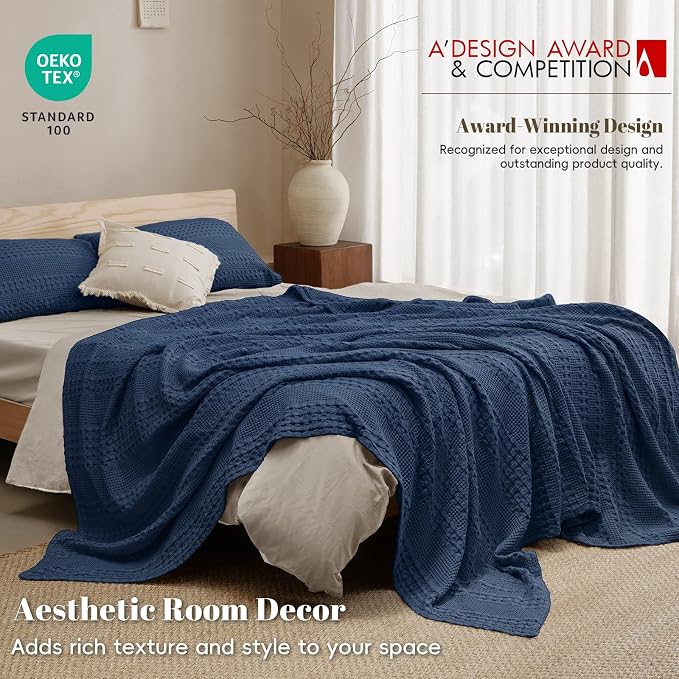 PHF 100% Cotton Waffle Weave Blanket Queen Size, Lightweight Breathable Summer Blanket for Hot Sleepers, Pre-Washed Soft Layer for Bed, Couch, Aesthetic Home Decor & Gift, 90"x90", Blue Sapphire