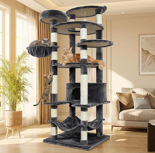 78.8" Large Cat Tree Tower for Indoor Kitties, Multi-Level Furniture Activity Center for Tall Cat Condo with Cozy Perches,Sisal Scratching Posts,Hammock and Basket (78.8 inch Dark Gray)