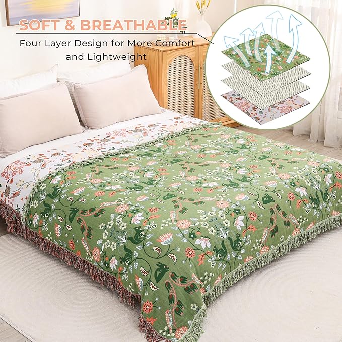 Boho Throw Blanket 80"x90", 100% Cotton Ultra Soft Luxury Throw for Couch and Sofa Blankets Home Decor, All Season Florals and Animals Throw Reversible Breathable Cozy Blankets