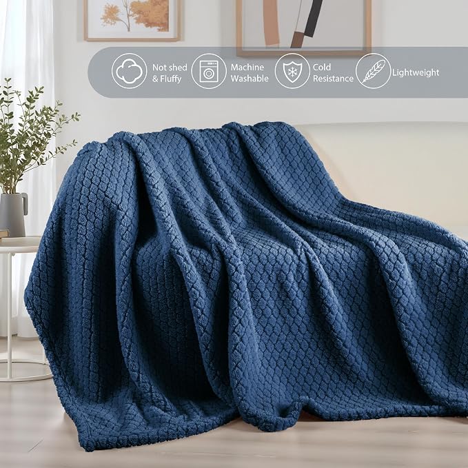 Exclusivo Mezcla Soft Fleece Throw Blanket for Couch, Navy Blue | Jacquard Lightweight Cozy Throws for Bed, Sofa, Breathable Decorative Fuzzy Textured All Season Use, 50x60 Inches