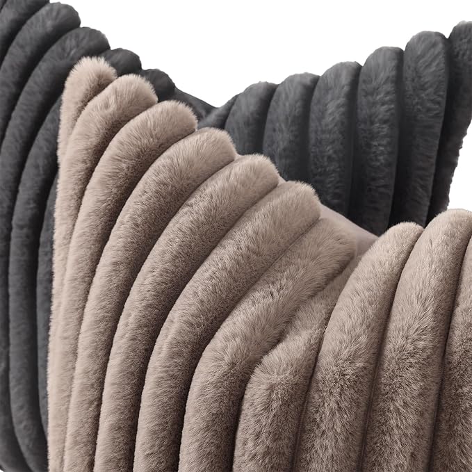 decorUhome Fall Faux Fur Throw Pillow Covers 16x16 Set of 2 Dark Grey | Decorative Soft Cozy Striped Plush Modern Farmhouse Boho Couch Pillow Cases Velvet Back for Sofa Bed Living Room Home Decor