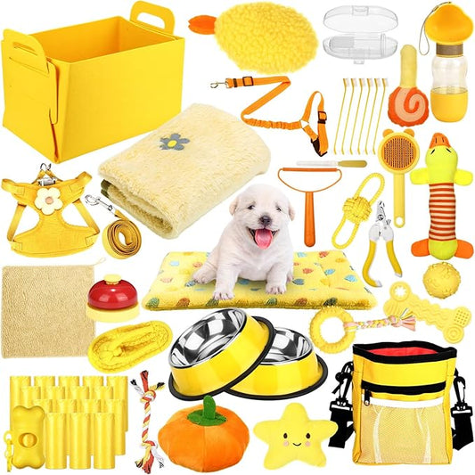Abbylike 50 Pcs Puppy Supplies Starter Kit for Small Dogs Puppy Essentials Includes Leash, Bowls, Teeth Brushes, Water Bottle, and More Accessories for Dogs Pet Day Welcome Gift(Yellow)