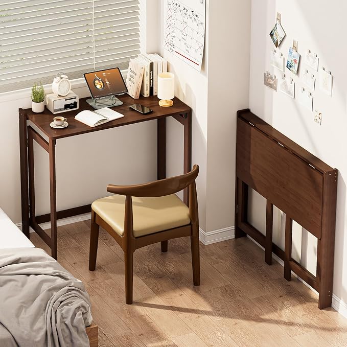 Folding Desk for Small Spaces, Bamboo Foldable Desk, Small Computer Table | Small Computer Desk, Mid Century, Fold Out，Compact Size, for Bedroom, Living Room, Apartment, Home Office