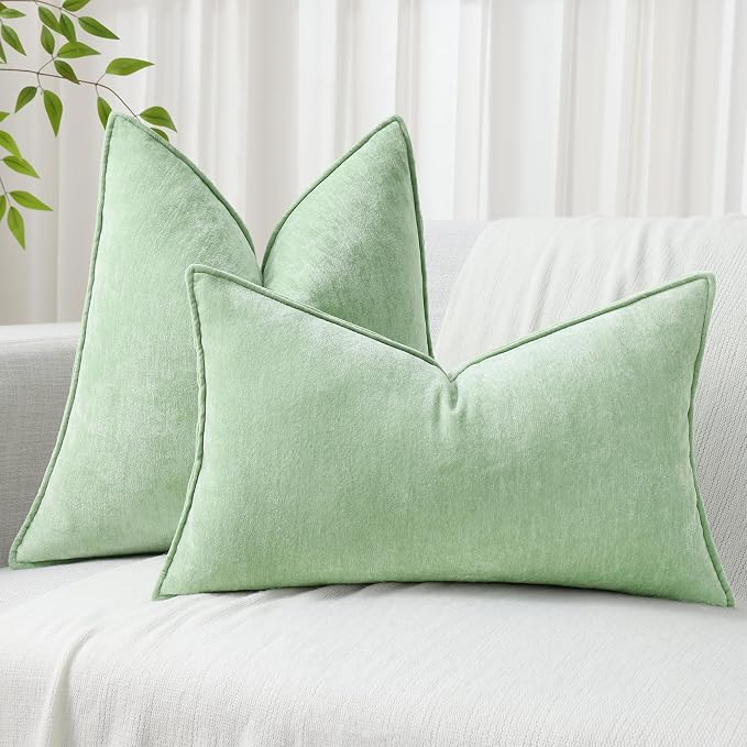 decorUhome Chenille Sage Green Velvet Throw Pillow Covers 22x22 Set of 2 | Fall Soft Euro Sham Couch Decorative Modern Farmhouse Pillow Cases with Elegant Design for Sofa Bed Living Room Home Decor