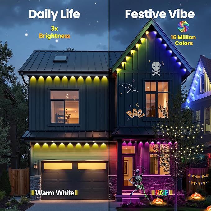 Permanent Outdoor Lights, 50ft RGB+IC Smart LED Lights, IP67 Waterproof Smart Outdoor Decorations with App/Remote for Christmas, New Year, Halloween, Holiday, Daily, Party Decor,Valentine's Day