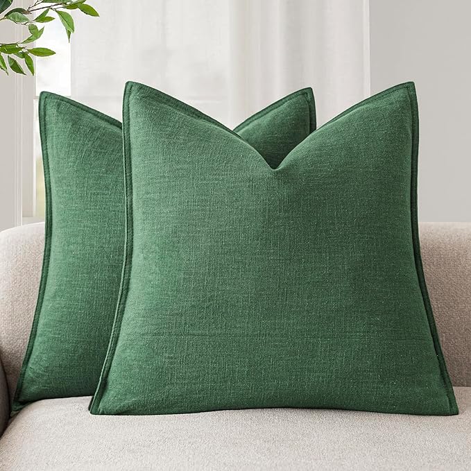 Foindtower Set of 2, Decorative Linen Solid Throw Pillow Covers Soft Accent Euro Cushion Case Farmhouse Neutral Pillowcase for Chair Couch Sofa Bedroom Living Room Home Decor 22 x 22 Inch Pine Green