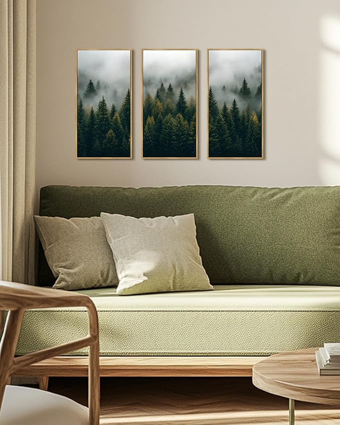 KUVIOKE Nordic Forest Wall Art Framed Misty Pine Tree Modern Prints Ready To Hang for Bedroom 8x16in3pcs Natural Framed