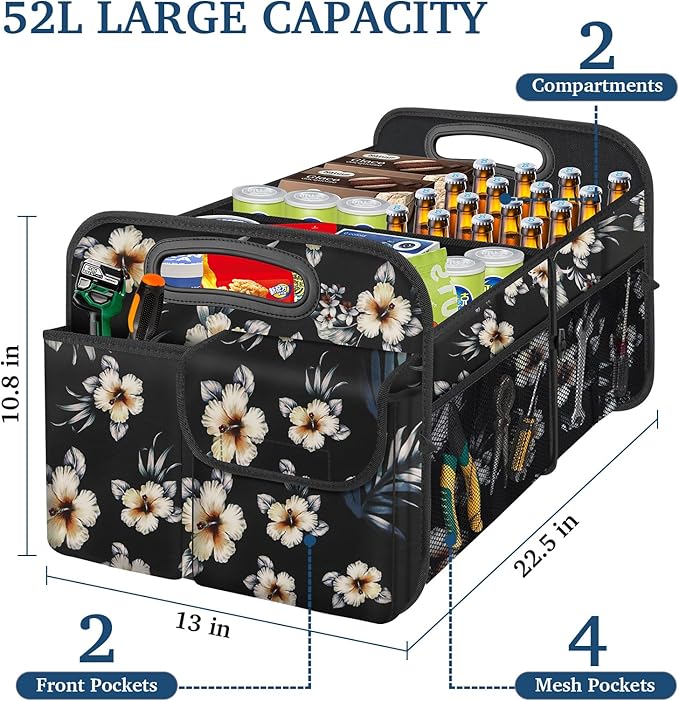 Femuar Car Trunk Organizer, Car Storage Organizer with Large Capacity Waterproof Collapsible Trunk Organizer for Car Suv/Jeep/Sedan (Hibiscus flowers, Standard)