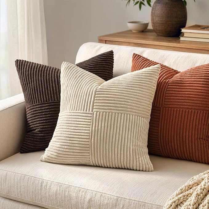 MIULEE Natural Beige Decorative Euro Sham Pillow Covers 24x24 Inch 2 Pack | Neutral Boho Farmhouse Pillow Covers, Soft Cross Corduroy Patchwork Textured Cushion Cases For Couch Bed Sofa