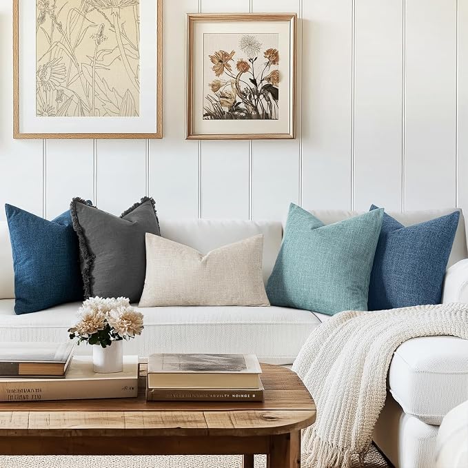 MIULEE Pack of 2 Decorative Linen Burlap Pillow Covers Farmhouse Boho Accent Euro Pillowcases Modern Home Decor for Couch Sofa Bedroom Living Room 24x24 Inch Steel Blue
