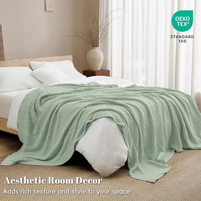 PHF 100% Cotton Waffle Blanket Twin Size, Lightweight Breathable Summer Blanket for Hot Sleepers, Pre-Washed Soft Layer for Bed, Dorm, Couch & Guest Room, Home Decor Gift, 66"x90", Mint Green