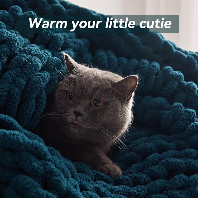 Negwoo Chunky Knit Throw Blanket, Knitted Throw Chenille Yarn, 60"*80" | Soft Thick Cable Knitted Blankets, Handmade Big Thick Blanket,Machine Washable Cute Comfy Blanket for Home Decor,Peacock blue