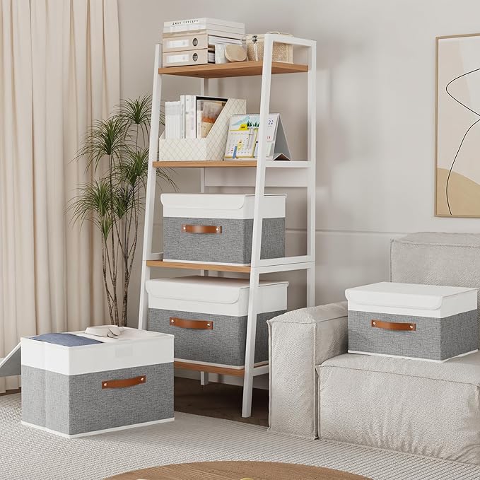 Yawinhe Collapsible Storage Bin, Cube Organizer Basket, Fabric Box with Lids, Washable and Leather Handle, for Home, Closet, White/Grey, 13.0''Lx9.0''Wx7.9''H, 1-Pack, SNK024WGS-1