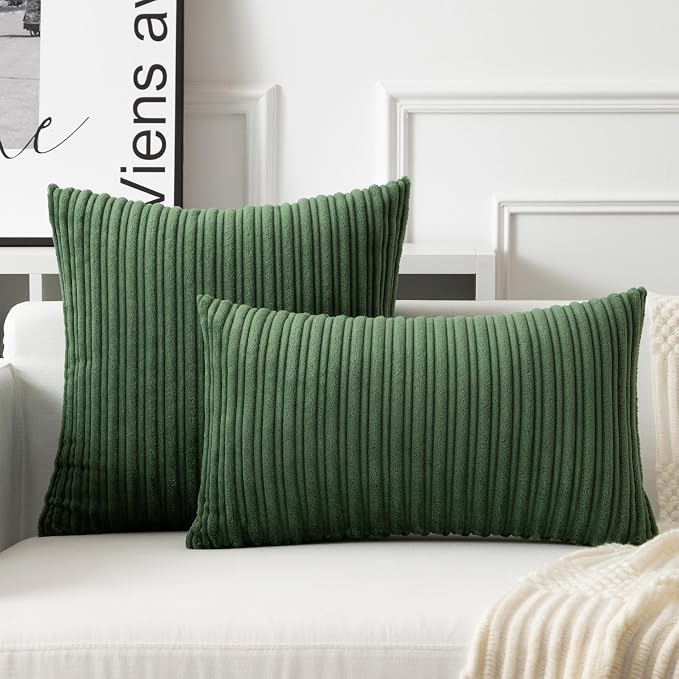 UGASA 14x24 Inch Pillow Cover Pack of 1 Soft Boho Stripe Corduroy Long Rectangular Lumbar Cushion Cover Farmhouse Decorative Throw Pillowcase for Bed, Couch, Sofa, Bedroom, Living Room, Moss Green