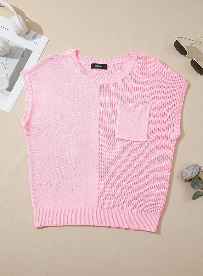 Dokotoo Summer Knit Tops for Women Sleeveless Crewneck T Shirts Casual Lightweight Sweater Blouses Shirts