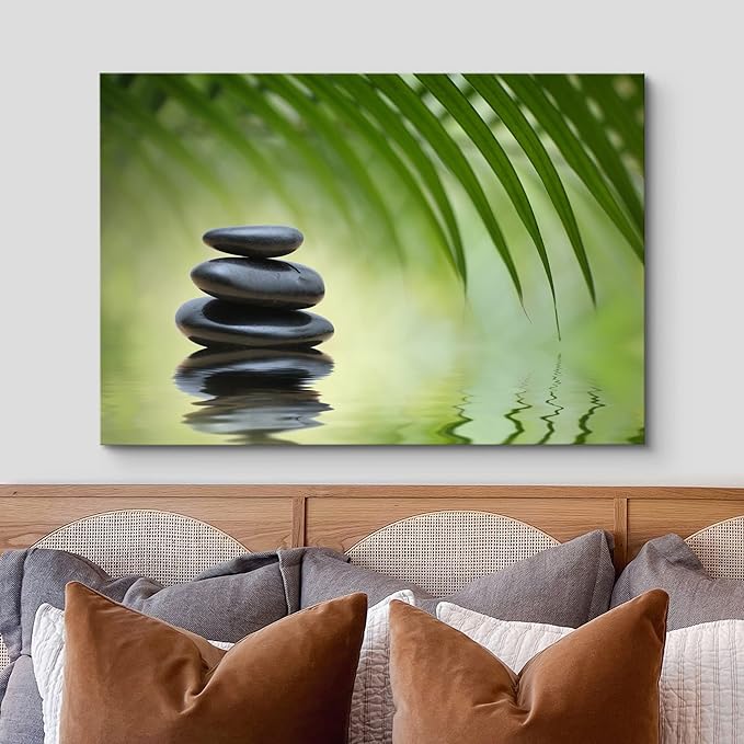 wall26 Canvas Print Wall Art Black Rocks on Seren Green Tropical Lake Floral Nature Photography Realism Bohemian Scenic Relax/Calm Cool for Living Room, Bedroom, Office - 32"x48"