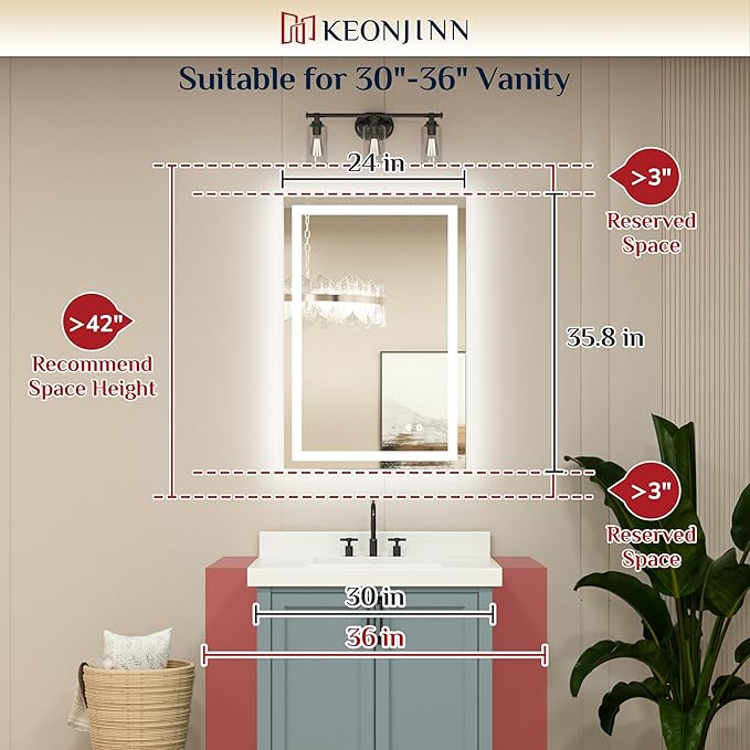 Keonjinn 24" x 36" Lighted Mirror for Bathroom Wall, LED Mirror with Frontlit & Backlit, Dimmable 3-Color Lights, HD Tempered Glass, UL-Listed LED Driver
