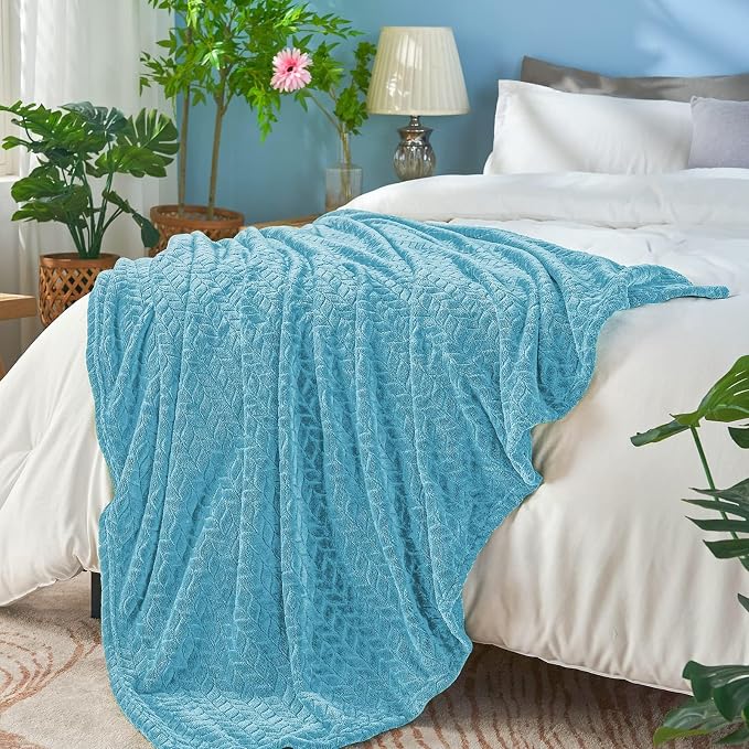 inhand Blue Fleece Queen Blanket for Bed, Super Soft Flannel Cozy Blankets for Adults, Lightweight Leaves Pattern Fuzzy Blanket for Office,Travel, Warm Plush Blankets for All Season, 90x90 Inches