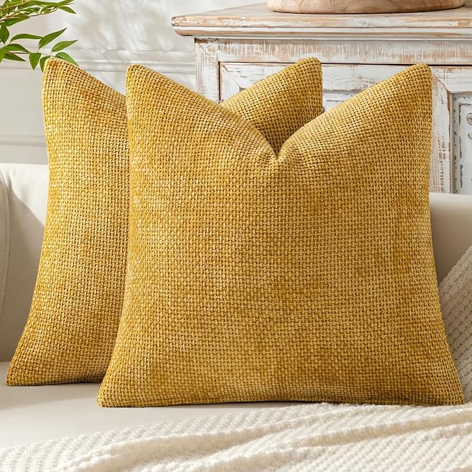 MIULEE Decorative Couch Throw Pillow Covers 18x18 in Mustard Yellow 2 Pack | Modern Boho Accent, Soft Chenille Pillow Covers, Farmhouse Cushion Cases for Home Decor Bed Sofa Living Room