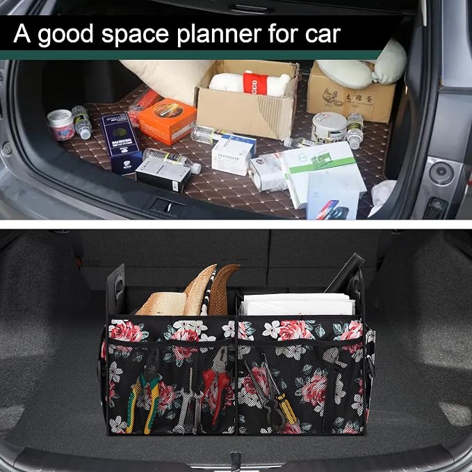 Femuar Car Trunk Organizer,Car Storage Organizer with 72L Large Capacity Waterproof Collapsible and 11 Pockets,Trunk Organizer for Car Suv/Jeep/Sedan, Large Size, Flower