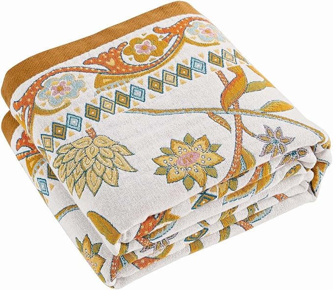 XIBLC Fall Throw Blanket for Couch, Brown Boho Decorative Throw Blanket, 100% Cotton Muslin Breathable Woven Farmhouse Blankets Quilt, 50"x60" Reversible Lightweight Blankets Bohemian Throw Quilt