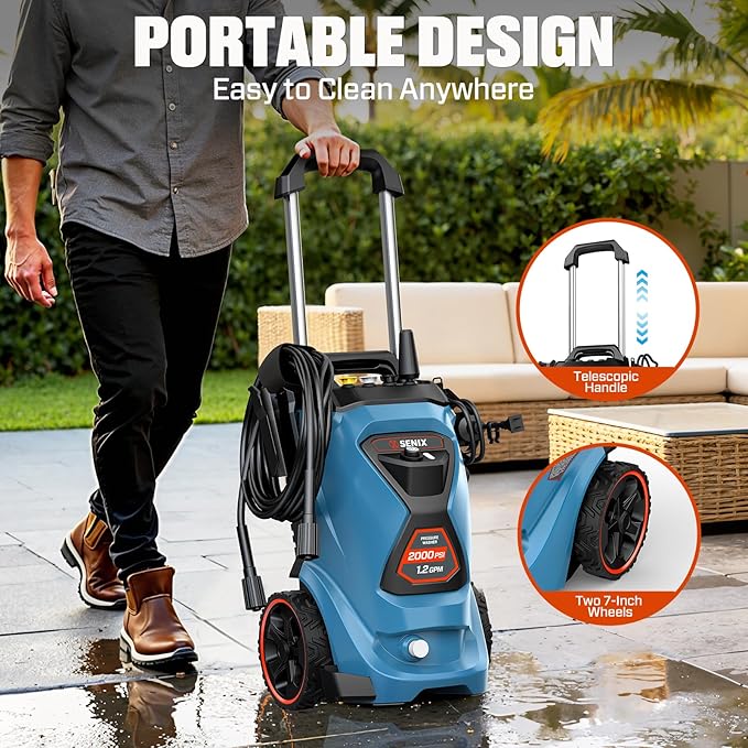 SENIX 2000 PSI Electric Pressure Washer, 1.2 GPM Compact Power Cleaner w/ 4 Nozzles, 25ft Hose & 35ft Cord. Portable High-Pressure Sprayer for Cars, Driveways, Patios, Decks & Home Outdoor Use