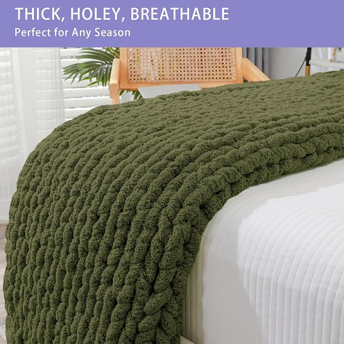 Bigacogo Chunky Knit Throw Blanket for Couch, 40x80 inches, Yellow Green | Hand Knit with Jumbo Chenille, Soft Breathable Cable Knit for Sofa Bed Living Room, Machine Washable, Gift for Mom Friend