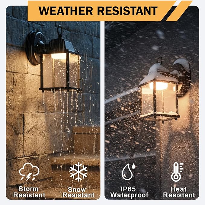 LIT-PaTH Small Outdoor LED Wall Lantern with Dusk to Dawn Photocell, 3000K Warm White, 9.5W, 800 Lumen, Aluminum Housing Plus Glass, Outdoor Rated, 1-Pack, Black