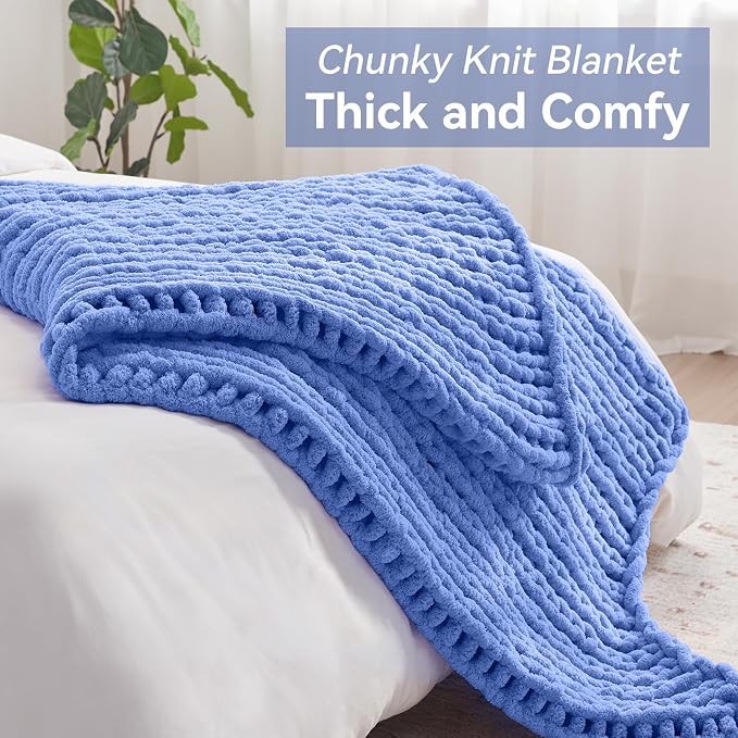 Negwoo Chunky Knit Throw Blanket, Knitted Throw Chenille Yarn, 60"*80" | Soft Thick Cable Knitted Blankets, Handmade Big Thick Blanket, Machine Washable Cute Comfy Blanket for Home Decor, Light blue