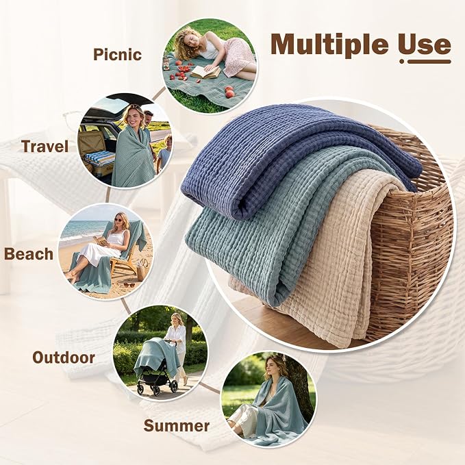 EMME Cotton Muslin Queen Blanket Bed Layering Bedspread Coverlet Breathable Gauze Soft Lightweight (Heather Teal, 90"x90")