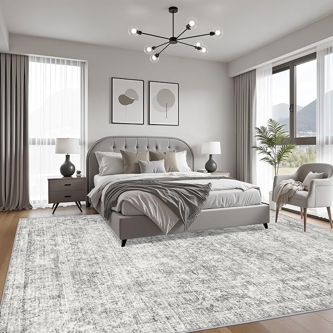 8x10 Area Rug Living Room Rug: Washable Modern Abstract Soft Thin Rug Indoor Floor No Slip Carpet for Bedroom Dining Room Farmhouse Nursery Home Office - Retro Black Grey
