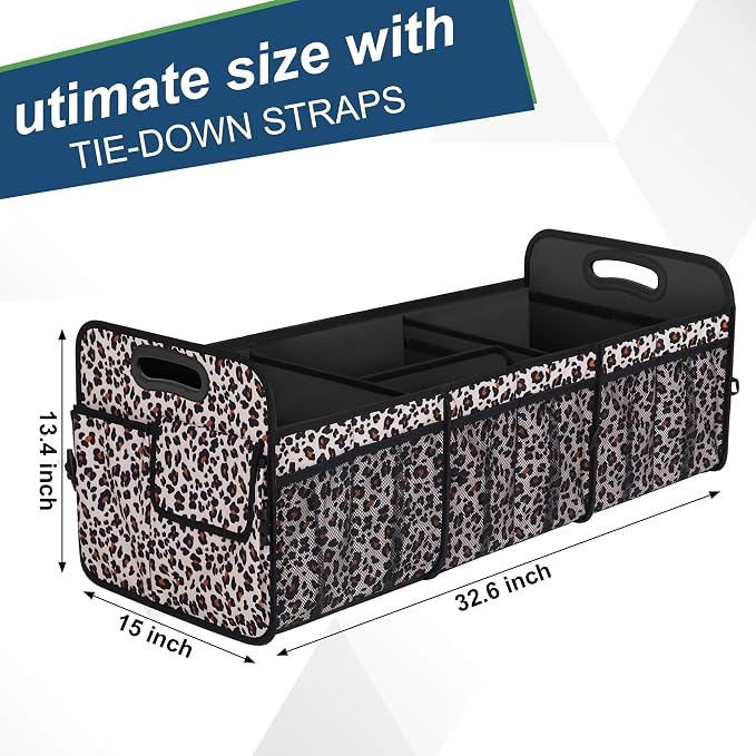 Femuar Collapsible Trunk Organizer - 90L Large Capacity with 15 Pockets, Waterproof for SUV/Car/Jeep/Sedan, Extra Large Leopard Print