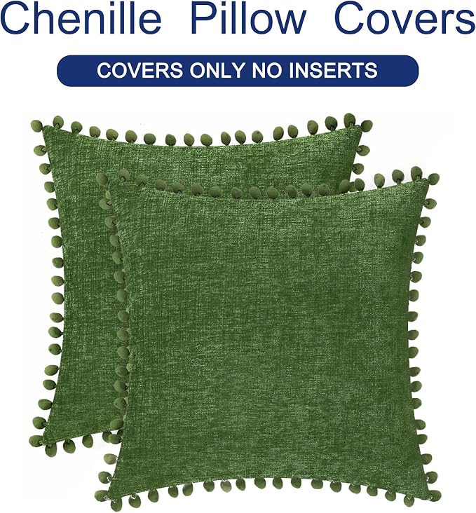 CaliTime Decorative Couch Throw Pillow Covers 22 X 22 Inches Forest Green | Pack of 2, Cozy Chenille Cushion Cases, with Pom Poms for Sofa Bed Living Room Farmhouse Home
