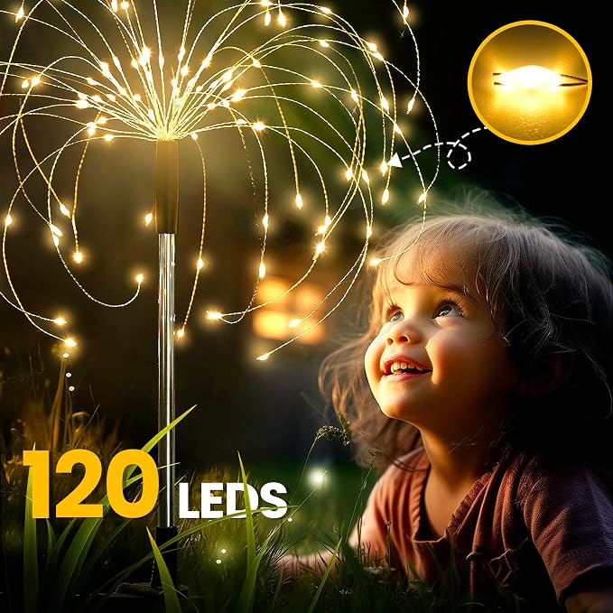 GIGALUMI Garden Decor Outdoor Lights 120LED 2Pack, Solar Garden Lights Outside Fairy Firework Decorative,Solar Powered for Yard Pathway Flowerbed Planter Balcony, Gifts for mom(Warm White