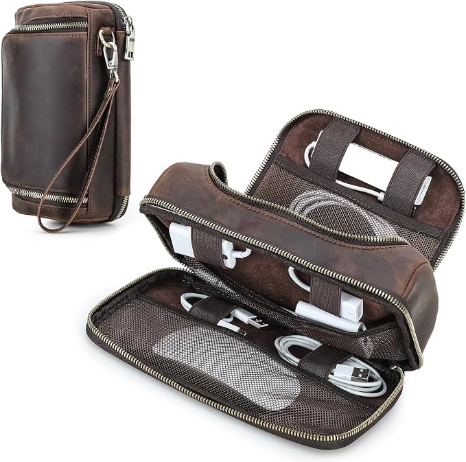 Hiram Handmade Crazy Horse Leather Electronic Organizer Travel Case Charger Organizer Travel Case Coffee