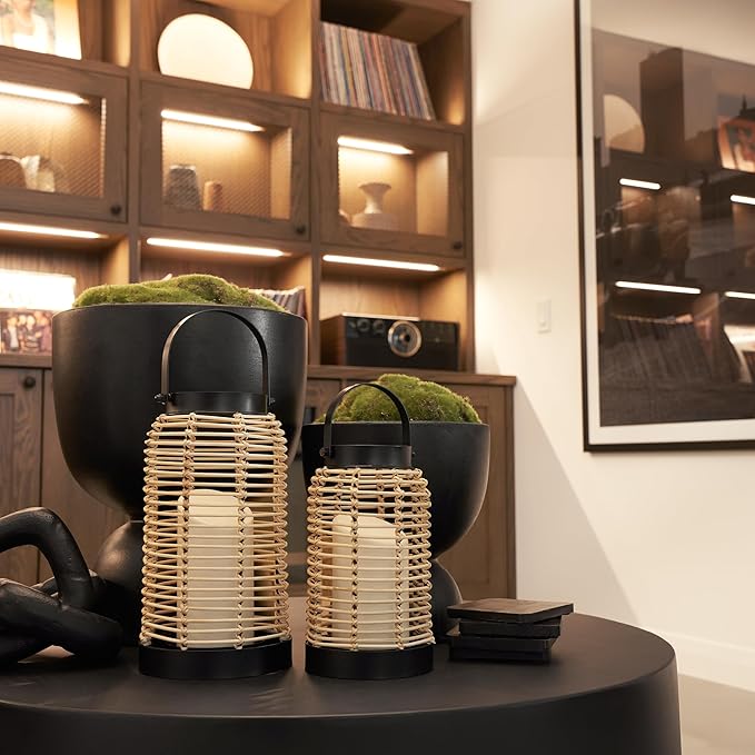 Natural Rattan Boho Lanterns - Handcrafted Chic Decor to Enhance Your Home - Modern Farmhouse Beauty Perfect for Any Living Room, Patio & Porch, Indoor and Outdoor Coffee Table or Kitchen Dining Table