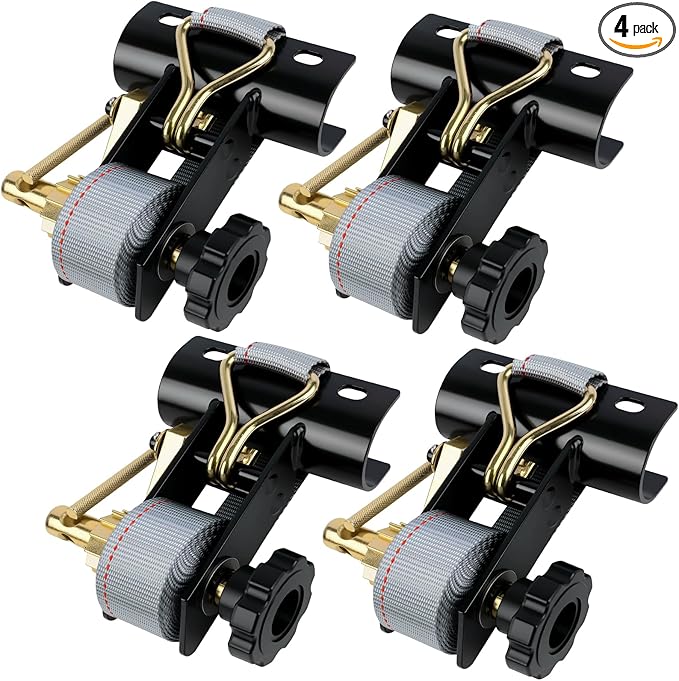 Rack Straps with J-Hook (4PK),1.5" x7.5' Ladder Rack Ratchet Straps, 2" Round Tube Mount, Perfect Ladder Rack Tie-Downs for Trailer Cargo Control