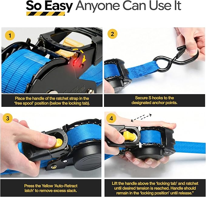 AUGO Retractable Ratchet Straps | 4 Heavy Duty Ratchet Straps Self Retractable Tie Downs with Soft Loops & Storage Bag for Motorcycle, Truck, Trailer, Cargo Van | 1200 Lb Break Strength 1” x 10’